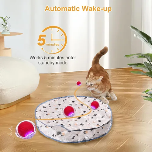 Vista 4 de Aero Zen Juguetes interactivos para gatos de interior, bola de gato auto rodante en tapete de juego, juguete de movimiento activado por movimiento