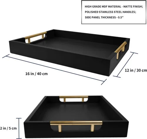 Vista 3 de Bandeja decorativa de madera para mesa auxiliar, bandeja de servicio con acabado mate de 16 pulgadas con asas para otomana, sala de estar, perfume