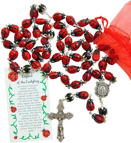 Vista 4 de Westmon Works Juego de rosario de la leyenda de la mariquita con tarjeta de insecto de Nuestra Señora y bolsa de regalo, Cerámica