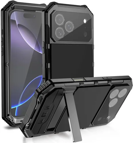 Vista 9 de Metal Case for iPhone 17 Pro Max/17 Pro/Air/17, Heavy Duty Screen Protector Cover with Kickstand Military Shock Protection Shell,Silver,17 Plateado