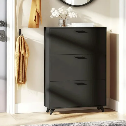 Vista 3 de Anystyle Armario de almacenamiento de zapatos negros para zapatos grandes, organizador de puertas abatibles ajustable de 3 niveles, gabinete