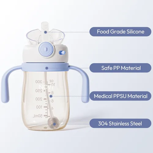 Vista 8 de NCVI PPSU Vaso con Pajita para Leche a Prueba de Derrames para Niños Pequeños de 1-3 Años, Botella de Agua Ligera de Entrenamiento para Bebés