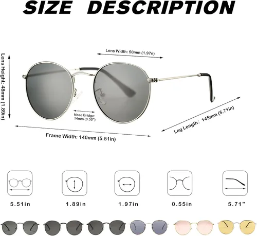 Vista 3 de Pro Acme - Gafas de sol pequeñas redondas de metal polarizadas para mujer, estilo retro de diseñador