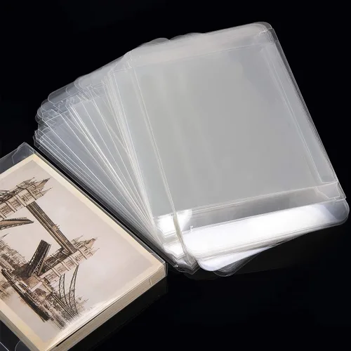 Vista 2 de Blulu 100 paquetes de cajas de cristal de plástico transparente para tarjetas de felicitación, fundas de almacenamiento de fotos, diseño plegable