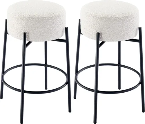 Vista 10 de Juego de 2 taburetes de bar modernos de altura de mostrador, taburetes de bar giratorios negros Boucle para isla de cocina, cómodas sillas tapizadas