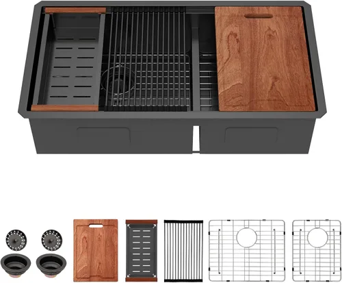 Vista 22 de Lordear Fregadero de cocina de 28 pulgadas de acero inoxidable de calibre 16 con doble plato y estación de trabajo de montaje inferior de 60/40