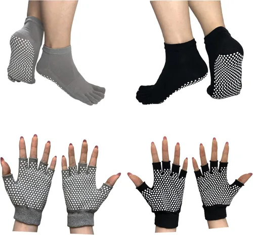 Vista 10 de Calcetines de pilates con empuñaduras para mujer, calcetines de yoga antideslizantes para baile de barra o entrenamiento descalzo 2 pares de guantes