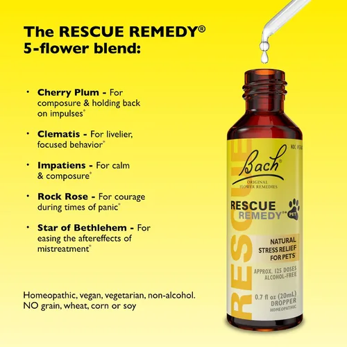 Vista 4 de Bach Rescue Remedy PET Dropper 0.7 fl oz, alivio natural del estrés, calmante para perros, gatos y otras mascotas, esencia floral homeopática