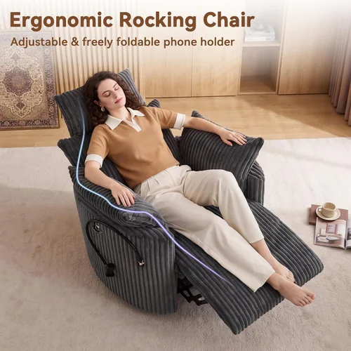 Vista 7 de FOXHUNTER Mecedora mecedora Power Glider, mecedora giratoria de 360°, con puerto de carga USB y soporte para teléfono, reposapiés, para sala