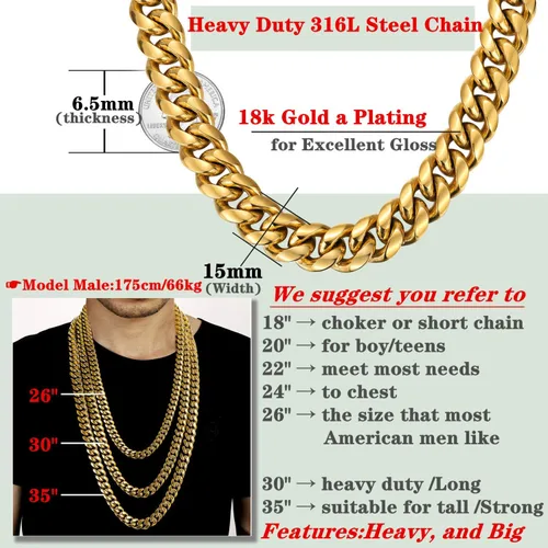 Vista 4 de ROWIN&CO Mens Chain Thick Heavy 18K Gold Plated Stainless Steel Miami Curb Cuban Link Necklace Hip Hop Jewelry Choker Chain,15mm Width 18 20 22 24