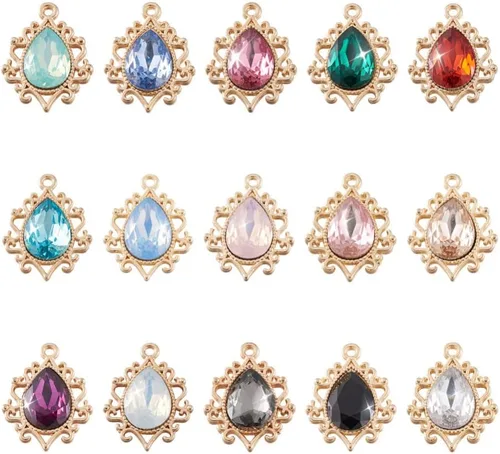 Vista 27 de Cheriswelry 48 colgantes de diamantes de imitación de resina en forma de lágrima con ajustes de latón dorado con diamantes de imitación facetados