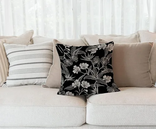 Vista 2 de Solekla Funda de almohada cuadrada de lino y algodón con flores blancas y negras, funda de cojín decorativa para sofá de 18 x 18 pulgadas Sl157