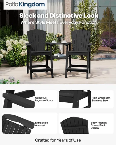 Vista 2 de Juego de 2 sillas altas Adirondack de Patio Kingdom, sillas de cubierta de HDPE con bandejas conectadas y agujero para sombrilla, taburetes de bar