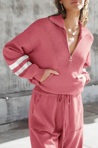 Vista 60 de PRETTYGARDEN Conjunto de suéter de 2 piezas para mujer, sudadera con cremallera, pantalones deportivos, ropa casual