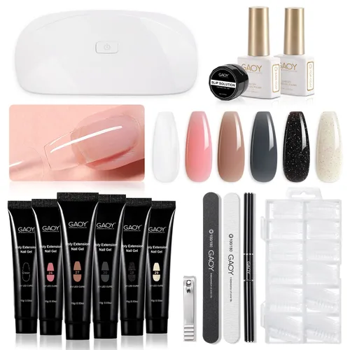 Vista 8 de GAOY Kit de uñas de gel de poliéster con kit de inicio de luz UV, kit de extensión de gel constructor de 6 piezas para principiantes con todo arte