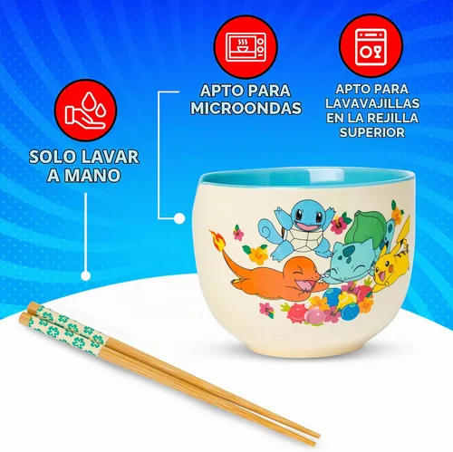 Vista 4 de Silver Buffalo Pokemon Spring Flowers con Pikachu, Bulbasaur, Squirtle y Charmander Tazón de cerámica para fideos ramen y arroz con palillos, apto