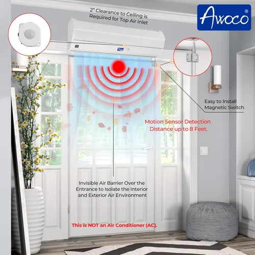 Vista 4 de Awoco Elegant - Cortina de aire interior de 2 velocidades de 25,5 m³/min / 900 CFM con interruptor de puerta magnético de fácil instalación