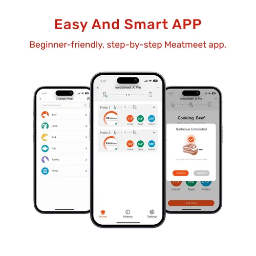 Vista 8 de Termómetro inalámbrico Meatmeet X Pro para carne con Wi-Fi dual y Bluetooth, termómetro digital para carne con 2 sondas y base de pantalla LED, 6