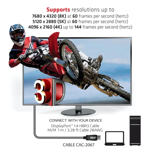 Vista 5 de Club3D CAC-2067 VESA Certificado DisplayPort a DisplayPort 1.4/Hbr3 M/M Cable DP 1.4 8K 60Hz 1m - 3,28ft