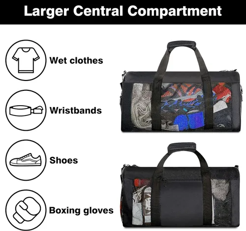 Vista 3 de Bolsa de boxeo de malla con correa de hombro desmontable, bolsa de lona transpirable para ropa y equipo sudoroso, bolsa de entrenamiento duradera