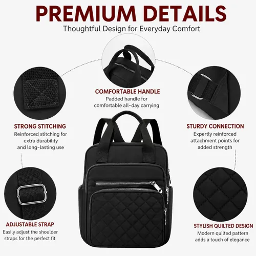 Vista 4 de Mochila pequeña para mujer, casual, acolchada, cuadrada, impermeable, con múltiples bolsillos, ligera, asa superior, Negro, Pequeño, Mochilas