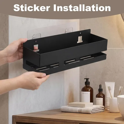 Vista 5 de Paquete de 2 estantes adhesivos para baño, baske de metal negro