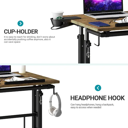 Vista 7 de Klvied Escritorio móvil rodante con soporte para tazas, portátil, altura ajustable, pequeño escritorio de pie con ruedas para oficina en casa, Roble