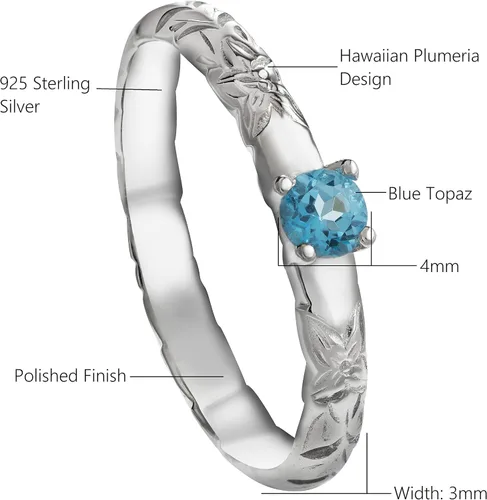 Vista 4 de Anillo apilable de plata de ley 925 con diseño de flor de plumeria, diseño hawaiano, topacio y ópalo, diamante de moissanita D VVS1, sin níquel