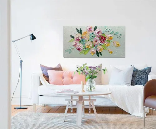 Vista 2 de AZAVY Arte, 24 x 48 pulgadas, moderno ramo de flores texturizadas pintadas a mano, arte de pared, pinturas al óleo florales sobre lienzo, naturaleza