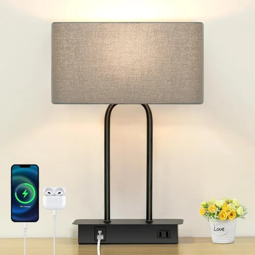 Vista 9 de Lámpara de mesa con control táctil regulable en 3 vías con 2 puertos USB y toma de corriente AC, lámpara moderna de mesita de noche con pantalla