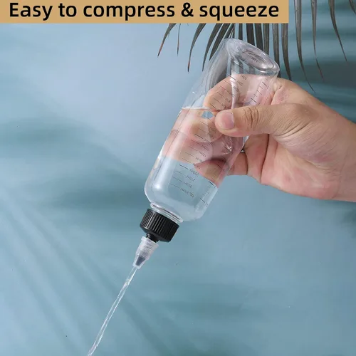 Vista 4 de driew Botellas aplicadoras para el cabello, botella exprimible de 16.9 onzas para líquidos, tapa de punta superior con relación graduada, aplicador