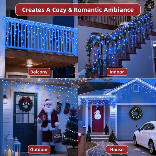 Vista 6 de 504 luces LED de Navidad para exteriores de 50 pies con 112 gotas, decoraciones de Navidad, luces colgantes de 12 modos, luces regulables para Azul