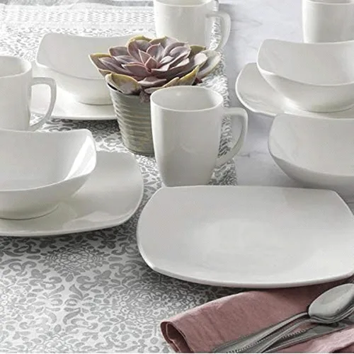 Vista 5 de Gibson Home 102539.16RM - Juego de vajilla cuadrada de porcelana clásica de 16 piezas con platos, cuencos y tazas de varios tamaños, color blanco