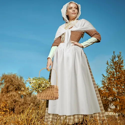 Vista 4 de Panitay 4 accesorios de disfraz colonial, gorra blanca de la mafia, delantal de mujer de la pradera, chal de encaje, cesta de pícnic para mujeres