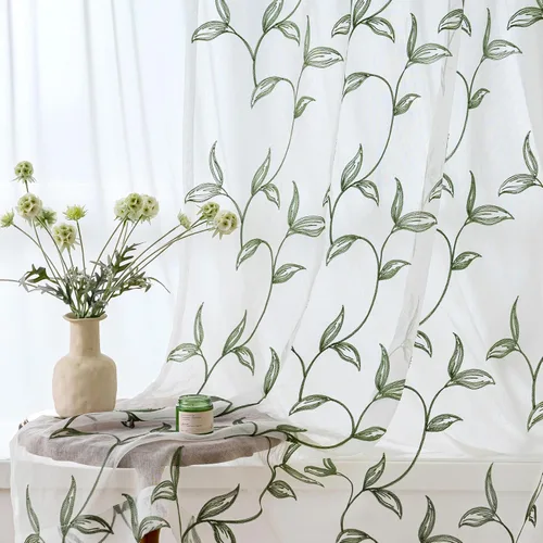 Vista 22 de VISIONTEX 2 paneles de cortinas traslúcidas de 63 in de largo, cortinas de gasa semitransparentes bordadas con hojas florales beige, bolsillo