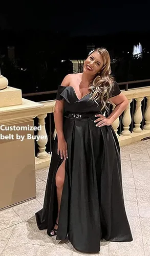 Vista 4 de SoDigne Vestidos de graduación con hombros descubiertos y abertura larga para mujer, vestido de fiesta de noche formal de satén con bolsillos