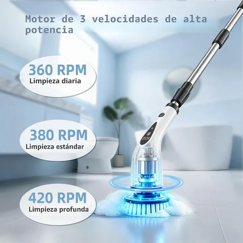Vista 2 de Cepillo giratorio eléctrico, cepillo de extremo plano de 3 velocidades con 8 cabezales de cepillo y base, IPX7 impermeable, mango largo ajustable