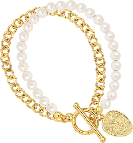 Vista 16 de PEARLADA Pulsera de cadena de oro de 18 quilates con capas, dije de moneda y cierre de palanca, joyería moderna con circonia cúbica 1. Cruz de hilo