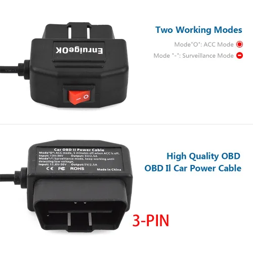 Vista 3 de Cable de alimentación OBD2 para cámara de salpicadero 24 horas de vigilancia/modo Acc con botón de interruptor, cable de carga OBDII de 12-26 V a 5