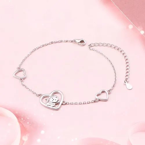 Vista 2 de FLYOW Pendientes de tuerca de plata 925 con diseño de corazón de animal con circonita cúbica y mono, collar con dije, regalo de cumpleaños
