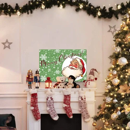 Vista 4 de Renditions Galley - Arte de pared de Papá Noel de dibujos animados, fondo de copo de nieve verde y blanco, decoraciones de Navidad lindas y frescas