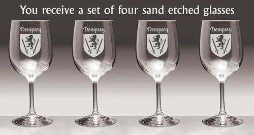Vista 2 de Dempsey irlandés Escudo de armas – Set de 4 copas de vino (Arena Etched)