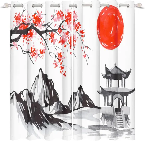 Vista 31 de Cortinas japonesas con pintura de tinta, monte Fuji, sol rojo, puesta de sol, hojas de bambú, cortinas de ventana para dormitorio, sala de estar
