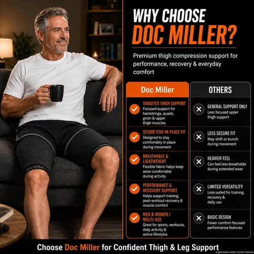 Vista 5 de Doc Miller Manga de compresión para muslos para hombres y mujeres, 1 par, envoltura de compresión cuádruple y muslo, tirantes para recuperación
