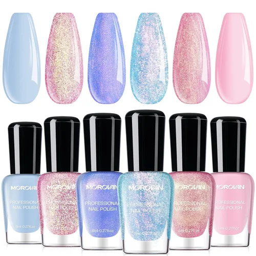 Vista 15 de Morovan Juego de esmalte de uñas degradado: esmalte de uñas de perlas de primavera y verano, esmalte de uñas rosa, azul, morado, secado rápido