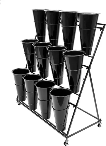 Vista 8 de Soporte de exhibición de flores con cubos y ruedas, estante de flores rodante de 3 niveles de metal para plantas interior y exterior