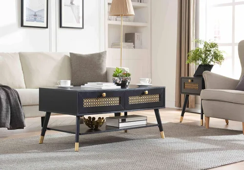Vista 6 de Mesa de centro negra moderna de mediados de siglo con cajones de almacenamiento y estante abierto, mesa rectangular bohemia de madera maciza