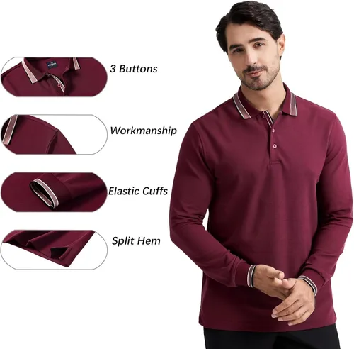 Vista 4 de Polo de piqué para hombre, manga larga, con punta de mezcla de algodón, casual, con cuello, ajuste clásico