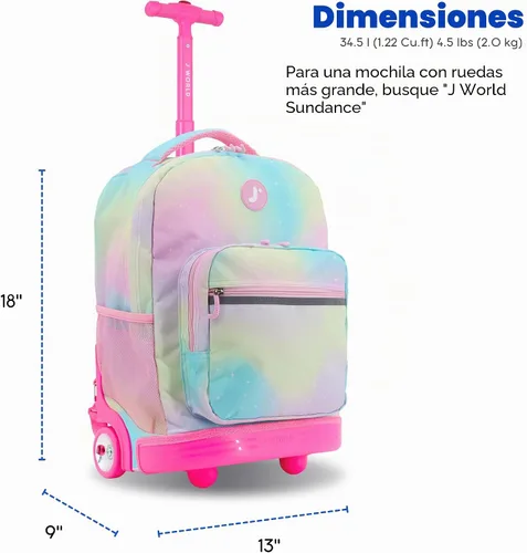 Vista 7 de J World Sunrise Kids - Mochila con ruedas para niñas y niños. Mochila con ruedas para la escuela, Aurora, 18 pulg