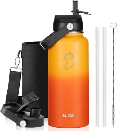Vista 63 de BUZIO Botella de agua aislada de 24 oz, frasco de agua de boca ancha de acero inoxidable con tapa de pajita, frío durante 48 horas a prueba de Negro